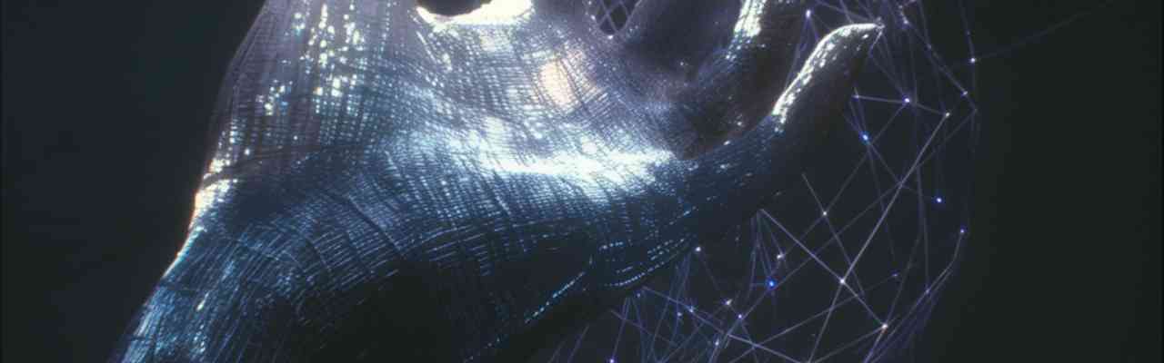 Digital art of a luminous wireframe hand reaching into a dark void, representing technology and human connection.