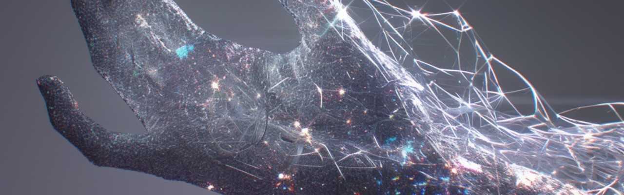 Sparkling digital hand reaching outward with glowing threads, symbolizing the effort and energy in getting her attention.