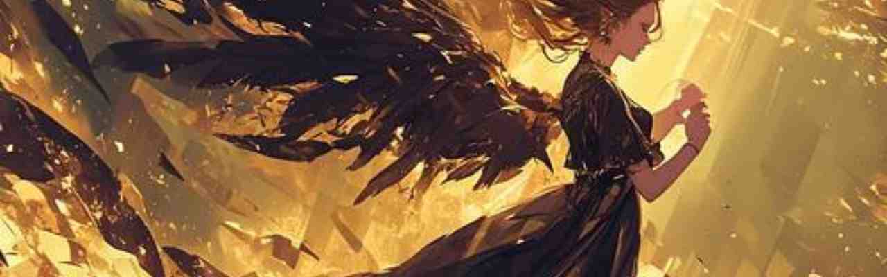 An angelic figure with dark wings, embodying the concept of letting in what we need with responsibility and grace.