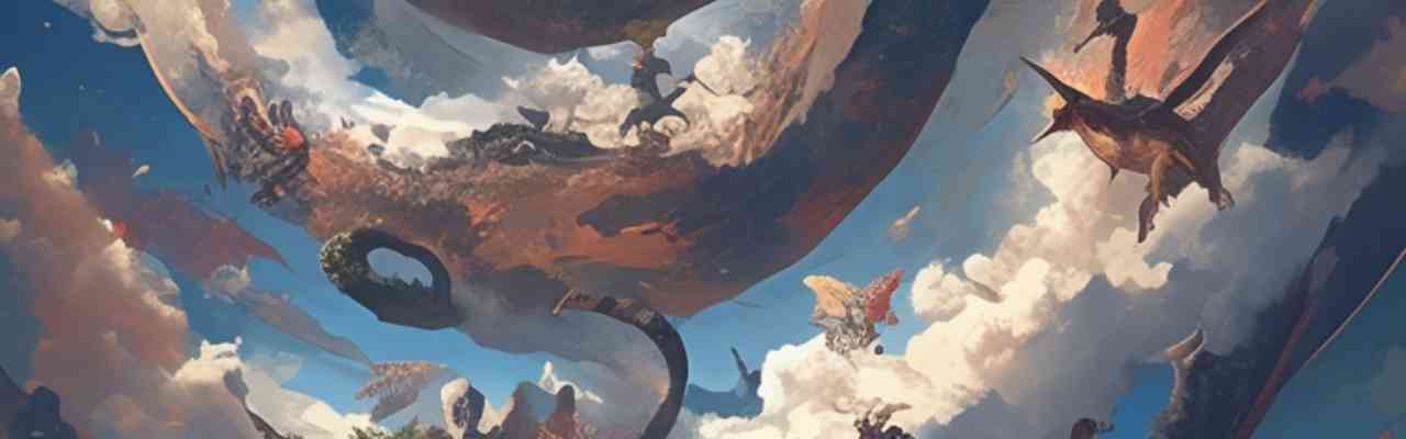 Fantasy landscape featuring flying creatures and floating islands in a dreamy sky.