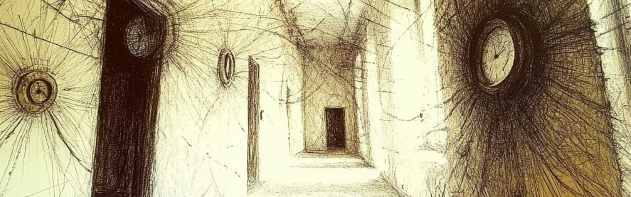 Abstract corridor with eerie lighting and warped perspective representing emotional confusion