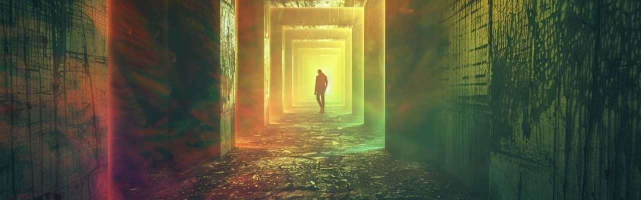 A lone figure walking through a glowing tunnel representing self-discovery when feeling lost