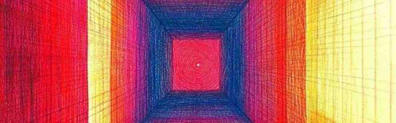 Geometric tunnel of intense red, yellow, and blue hues creating a hypnotic, perspective-driven effect.