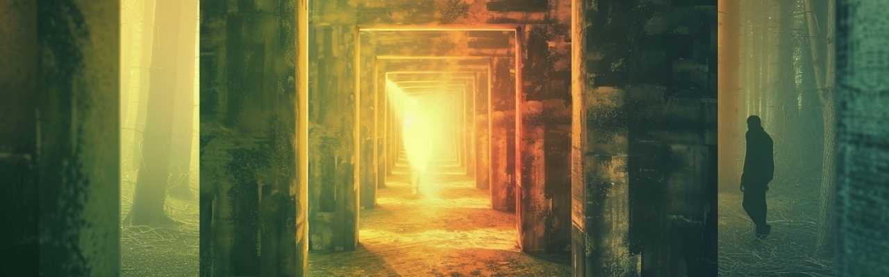 Mysterious forest scene with light-filled corridor representing emotional healing and self-discovery