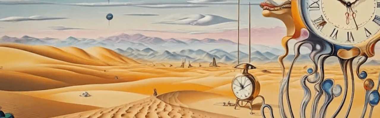 Abstract desert with distorted clocks and soft hills, evoking the tension and timeless struggle of maintaining love limits.