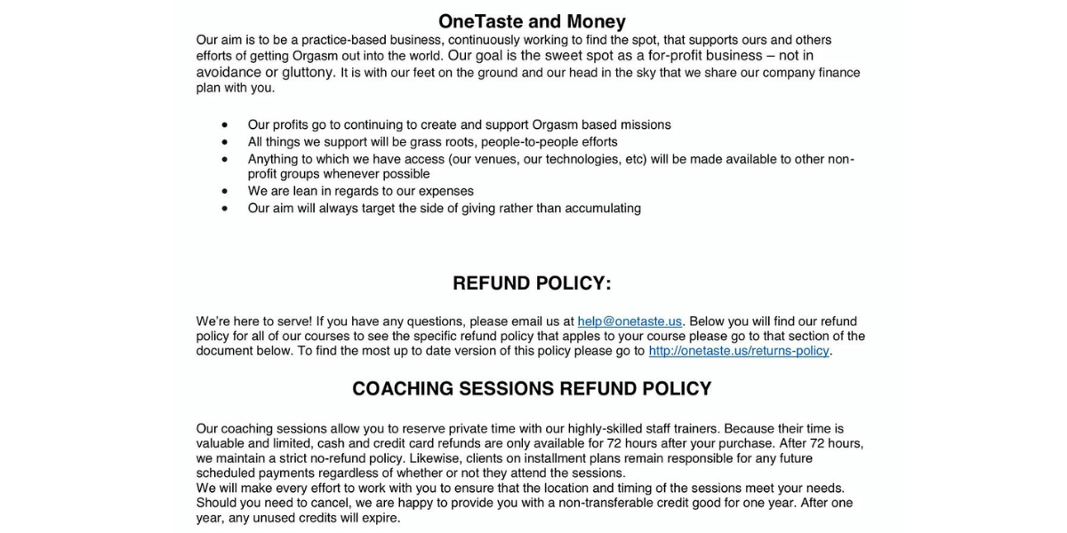 one taste refund policy sheet